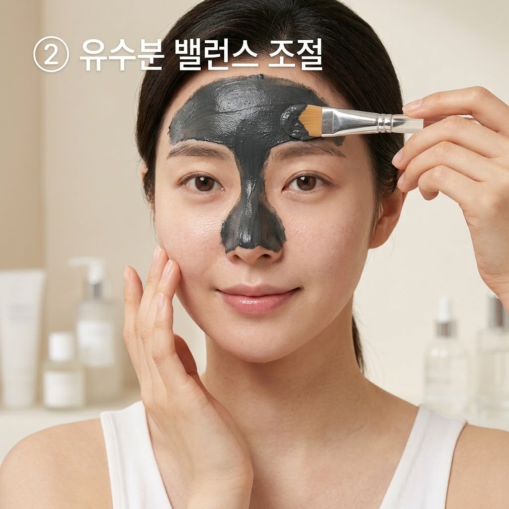 수부지 피부의 과잉 피지와 번들거림을 잡기 위해 두 손으로 스파출라를 쥐고 숯 차콜 모델링팩을 T존 부위에만 부분적으로 바르는 모습.