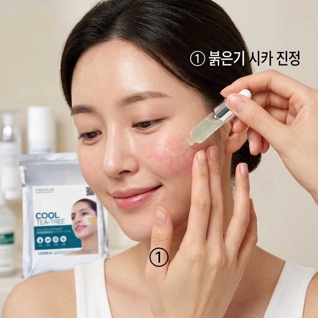 여드름 압출 직후 붉은기 진정을 위해 두 손으로 마데카소사이드 시카 앰플을 듬뿍 펴 바르고 티트리 모델링팩을 준비하는 모습.