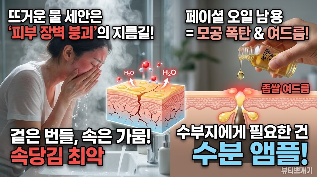 3040 수부지 피부가 피해야 할 최악의 스킨케어 습관 3가지 (뜨거운 물 세안, 오일 남용, 강한 스크럽)