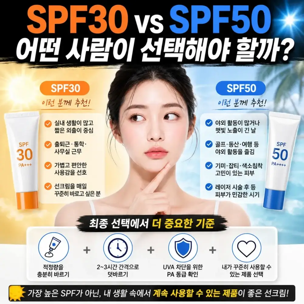 실내 사무실 근무자를 위한 데일리 선크림 SPF30과 장시간 야외 스포츠 활동을 위한 SPF50 선크림의 라이프스타일별 추천 비교
