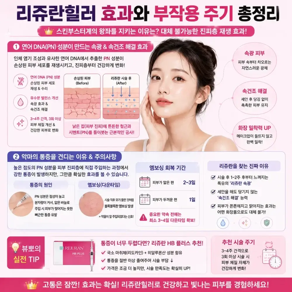 리쥬란힐러의 효과와 부작용, 시술 주기 및 통증 정보를 설명하는 인포그래픽으로, 연어 DNA(PN) 성분의 피부 재생 효과, 속광 및 속건조 개선, 엠보싱 다운타임과 리쥬란 HB 플러스 특징을 소개하는 한국 여성 모델 이미지