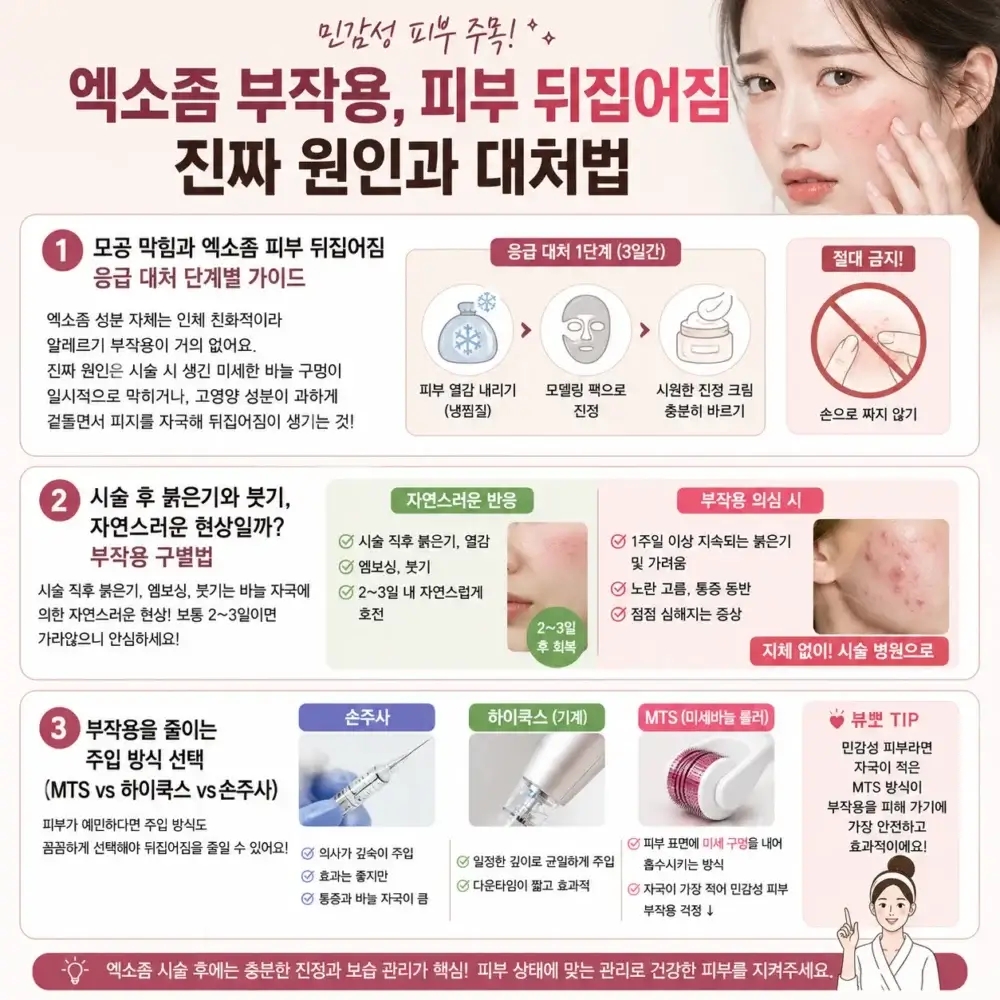 엑소좀 시술 후 피부 뒤집어짐, 좁쌀 트러블, 붉은기와 붓기 등 부작용 원인과 응급 대처법을 설명하는 인포그래픽 이미지. 민감성 피부를 위한 MTS, 하이쿡스, 손주사 시술 방식 비교 정보 포함.