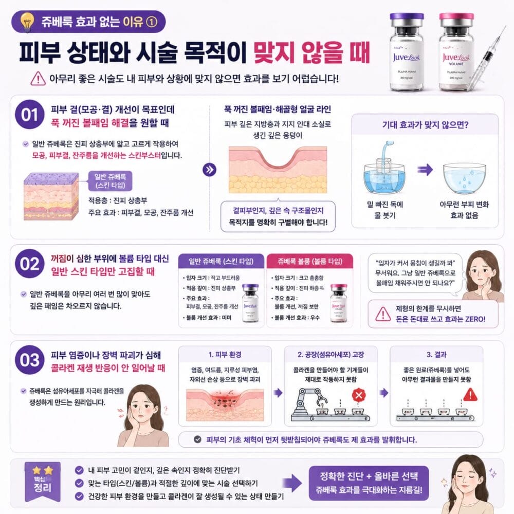 쥬베룩 효과 없는 이유 중 첫 번째 원인인 피부 상태와 시술 목적의 불일치를 설명하는 정사각형 인포그래픽. 일반 쥬베룩과 쥬베룩 볼륨의 적용층과 목적을 비교하고, 피부결 개선과 볼패임 개선의 차이, 피부 염증과 손상된 피부 장벽이 콜라겐 재생에 미치는 영향을 그림과 함께 이해하기 쉽게 정리한 이미지이다.