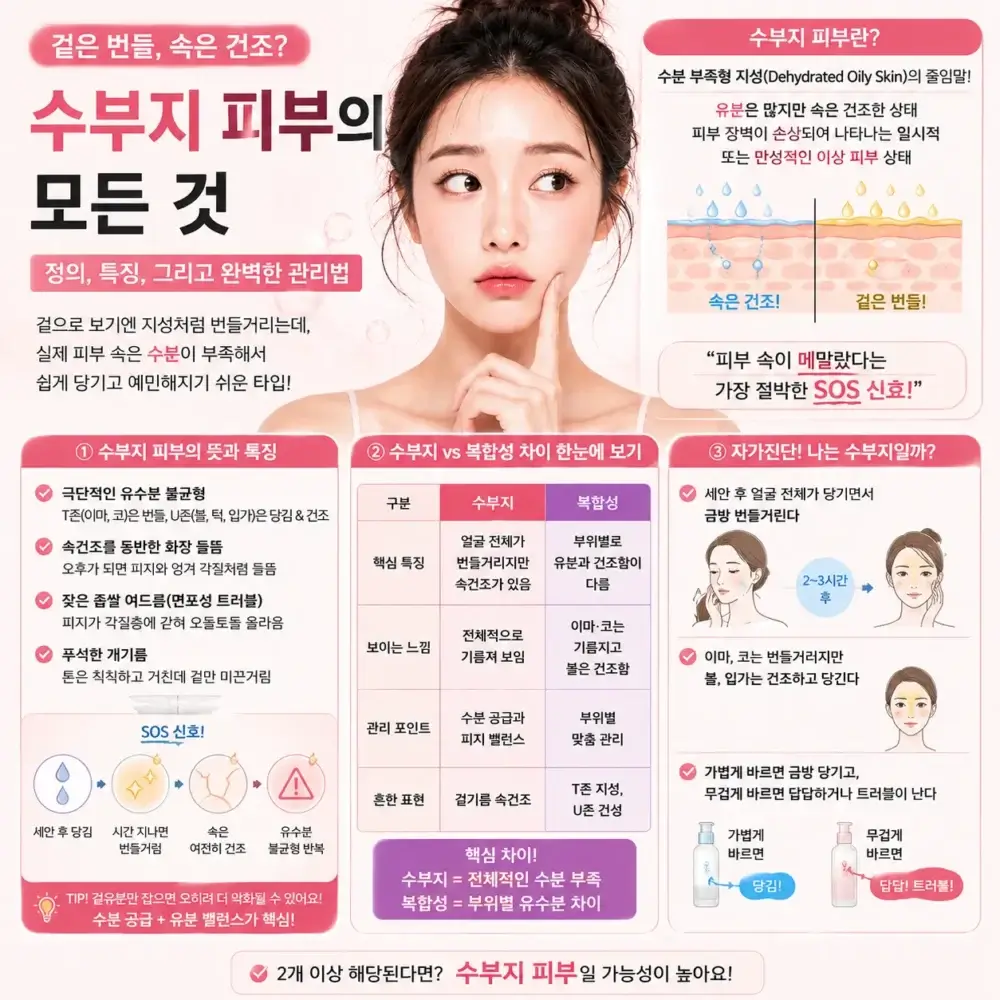 수부지 피부의 정의와 특징, 복합성 피부와의 차이점, 자가진단 방법 및 관리법을 설명하는 인포그래픽과 피부 고민을 하는 한국 여성 모델 이미지