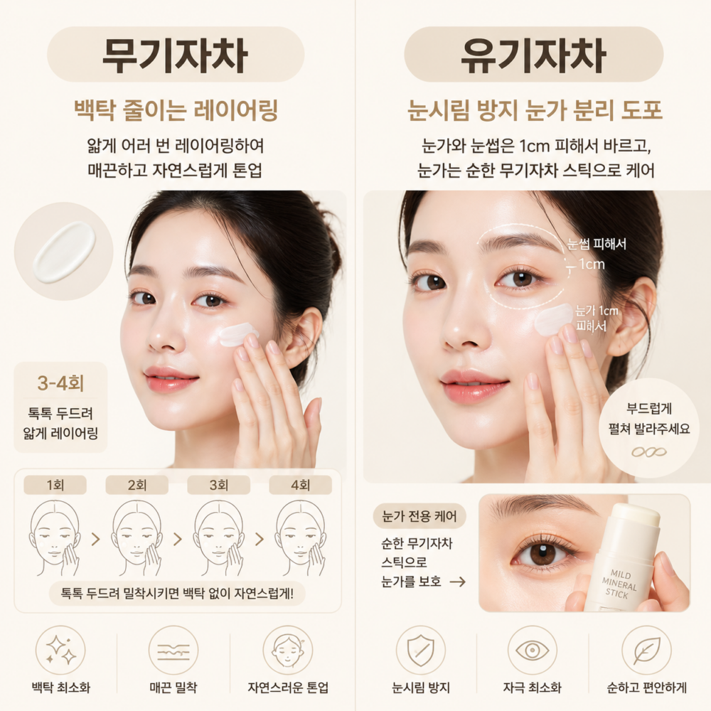 눈시림과 백탁 없는 선크림 바르는법 인포그래픽, 무기자차는 얇게 여러 번 레이어링해 백탁을 줄이고 유기자차는 눈가 1cm를 피해 발라 눈시림을 줄이는 도포 방법 설명 이미지