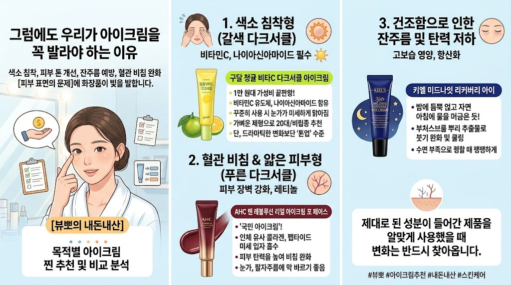 다크서클 아이크림을 유형별로 구분한 비교 인포그래픽으로 색소 침착형, 혈관 비침형, 건조 주름형에 따라 비타민C, 펩타이드, 고보습 성분이 포함된 아이크림 추천 제품과 특징을 설명한 이미지
