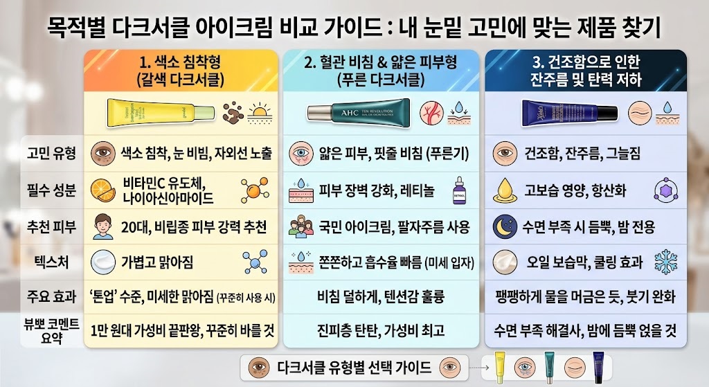 다크서클 개선을 위한 아이크림 추천 TOP3 제품 비교 이미지, 눈밑 케어 및 피부 톤 개선 설명