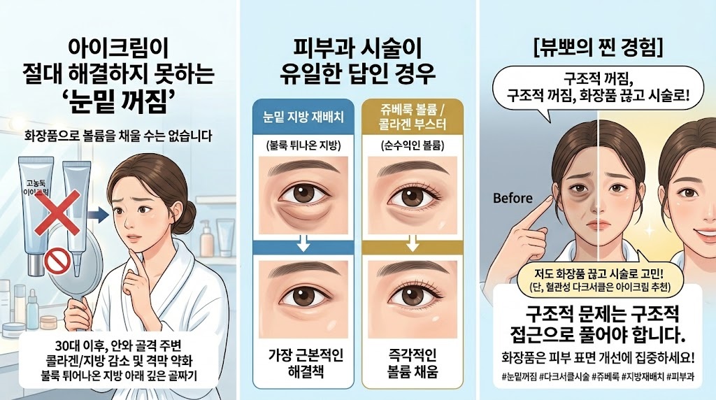 눈밑 꺼짐과 다크서클의 구조적 원인을 설명하는 인포그래픽으로 눈밑 지방 변화, 안와 골격, 콜라겐 감소로 인한 그림자 형성과 아이크림의 한계를 설명하고 시술 옵션을 정리한 이미지