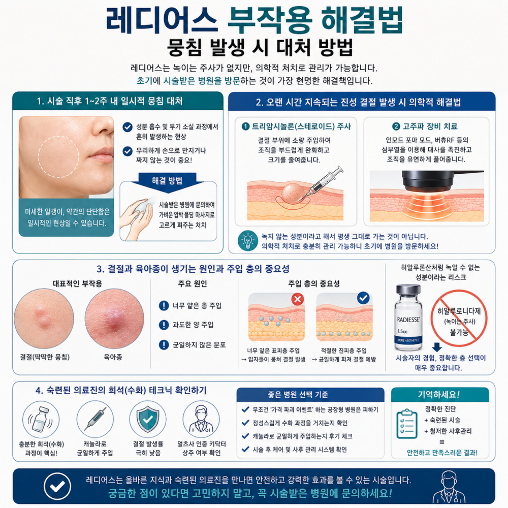 레디어스 스킨부스터 시술 후 너무 얕은 진피층 주입이나 불충분한 수화로 인해 발생한 부작용 결절 및 육아종 위치에 트리암시놀론 국소 스테로이드 주사를 타겟팅하여 완화하는 치료 과정 일러스트