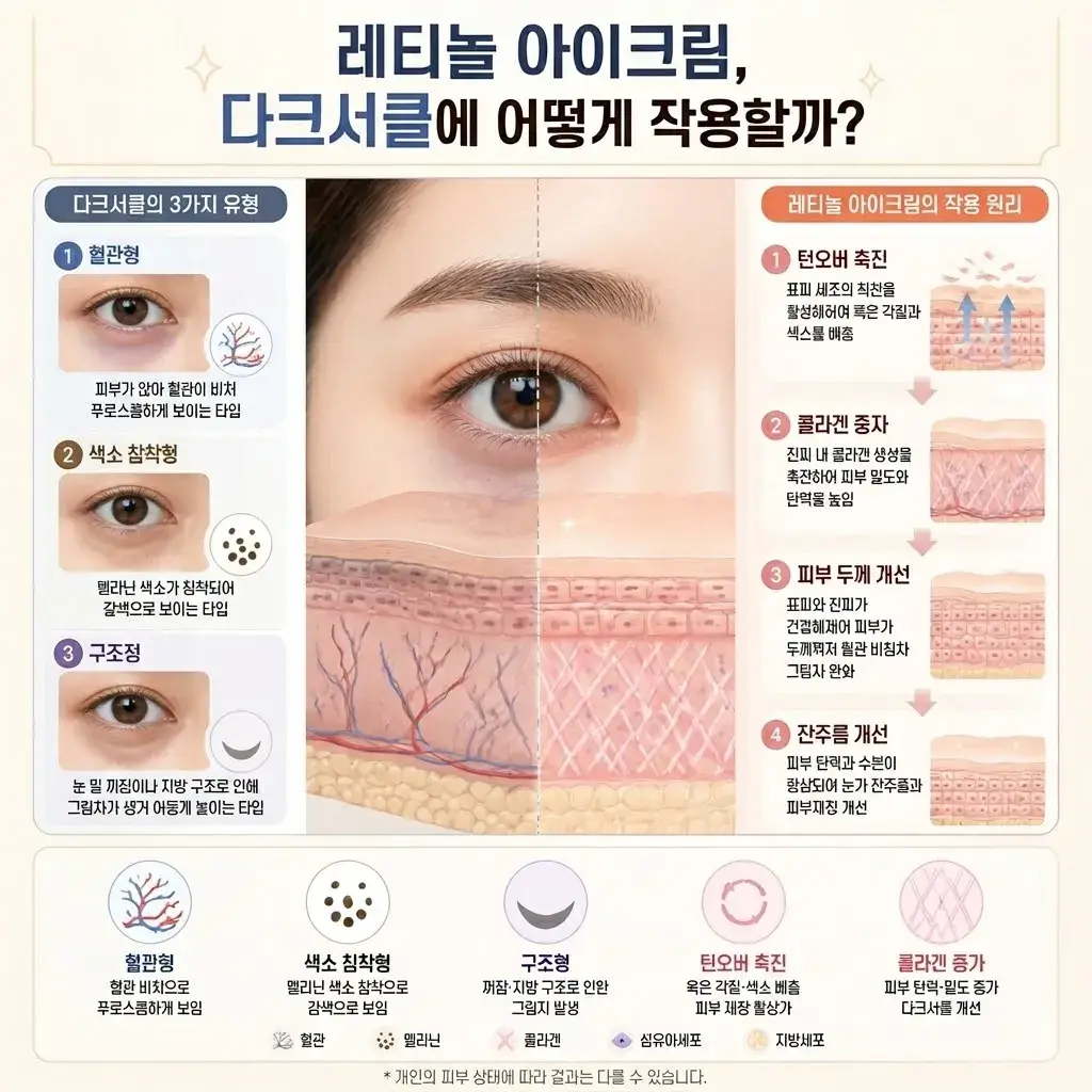 레티놀 아이크림이 다크서클에 작용하는 원리와 다크서클의 3가지 유형(혈관형, 색소 침착형, 구조형) 및 피부 개선 4단계 프로세스를 설명하는 인포그래픽 이미지