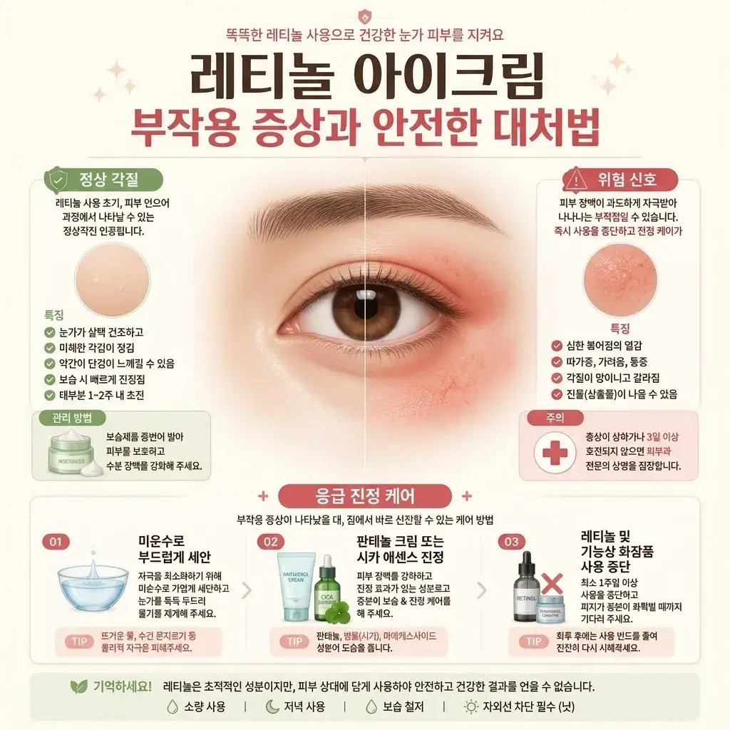 레티놀 아이크림 부작용(붉어짐, 진물, 따가움)과 정상적인 턴오버 각질 반응의 구별법, 그리고 증상 발생 시 미온수 세안 및 판테놀·시카 제품을 활용한 응급 홈케어 대처 방법을 설명하는 이미지