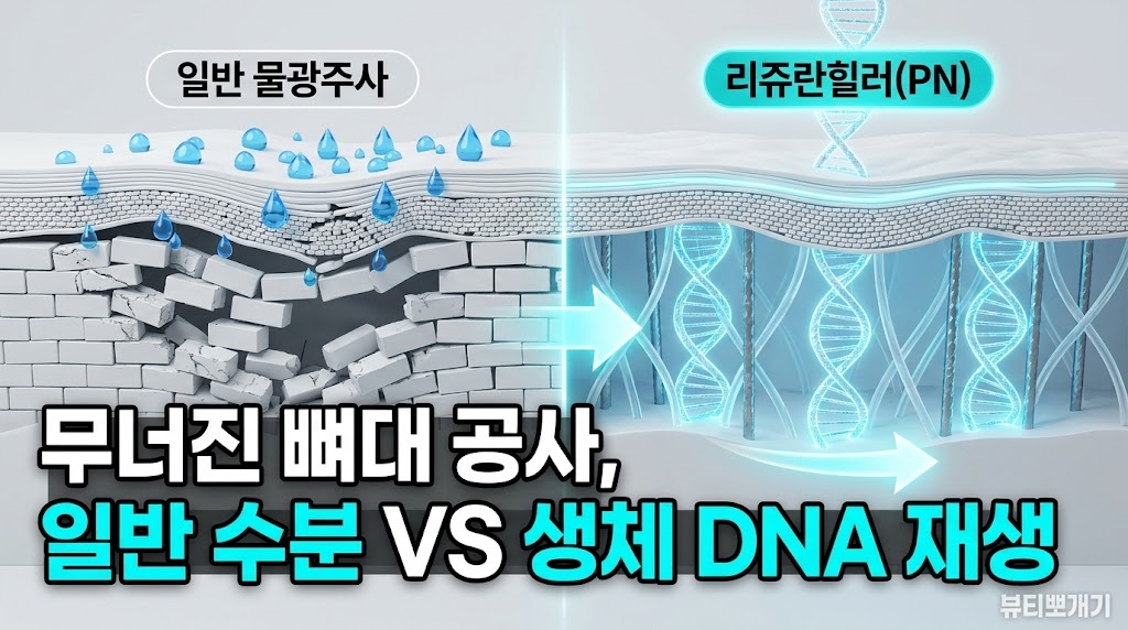 일반 물광주사와 리쥬란힐러의 피부 진피층 재생 원리를 비교한 3D 인포그래픽