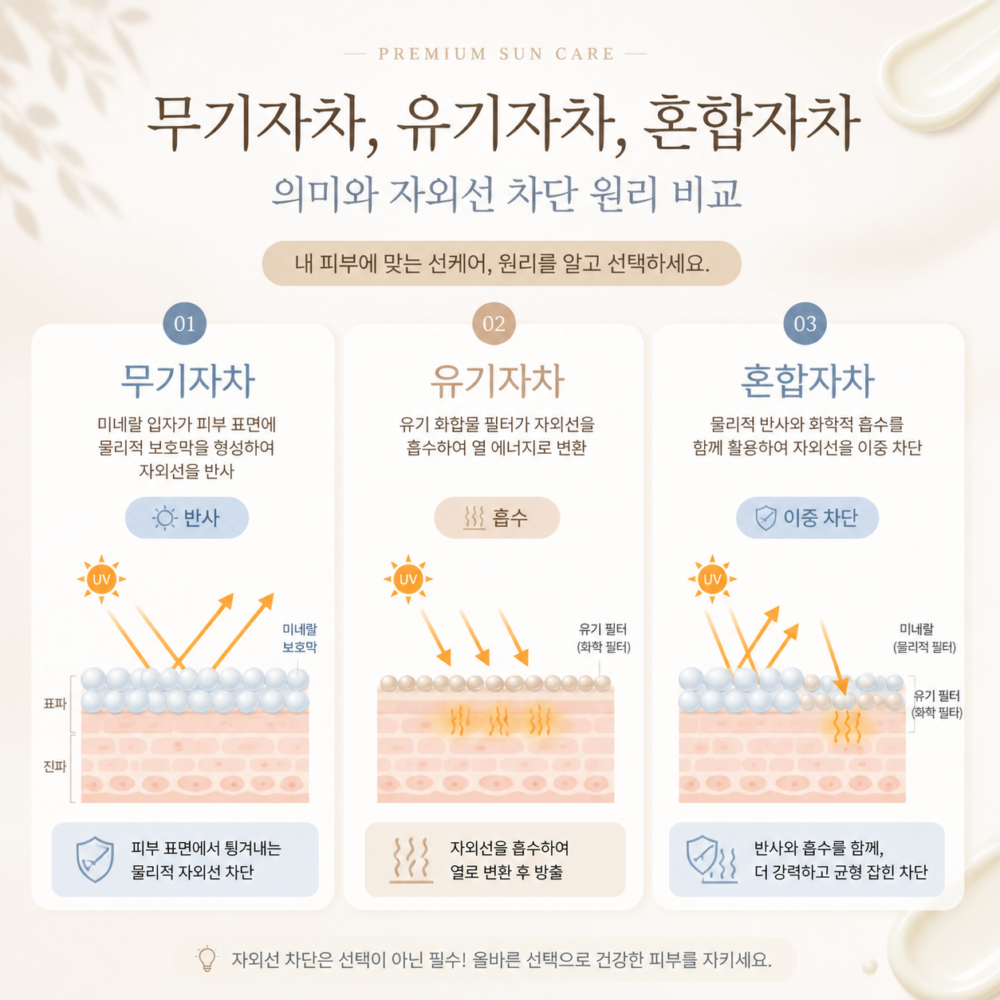 무기자차 유기자차 혼합자차 뜻과 자외선 차단 원리 비교 인포그래픽, 무기자차는 자외선을 반사하고 유기자차는 흡수 후 열로 분해하며 혼합자차는 두 방식을 결합한 선크림 차이 설명 이미지