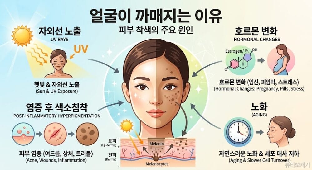 피부가 점점 칙칙해지고 얼굴이 까매지는 원인을 자외선, 색소침착, 피부 장벽 손상 중심으로 설명한 인포그래픽 이미지