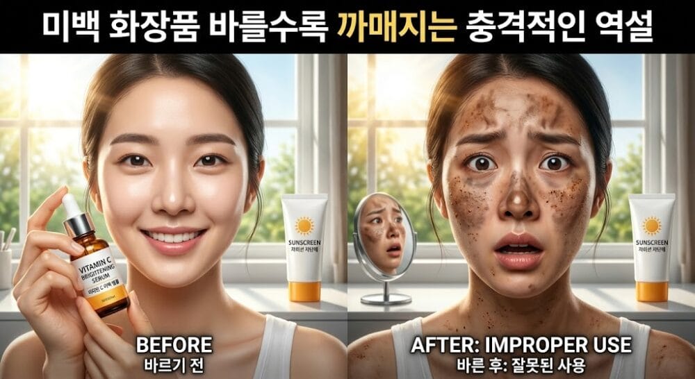 미백 화장품과 비타민C 세럼 사용 후 피부가 더 칙칙해지고 기미가 진해지는 원인을 설명하는 인포그래픽 썸네일 이미지