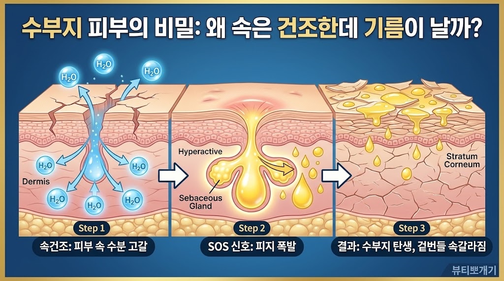 수부지 피부의 정의와 특징 (수분 부족형 지성 피부 유수분 불균형, 속건조, 좁쌀 여드름 설명 인포그래픽)