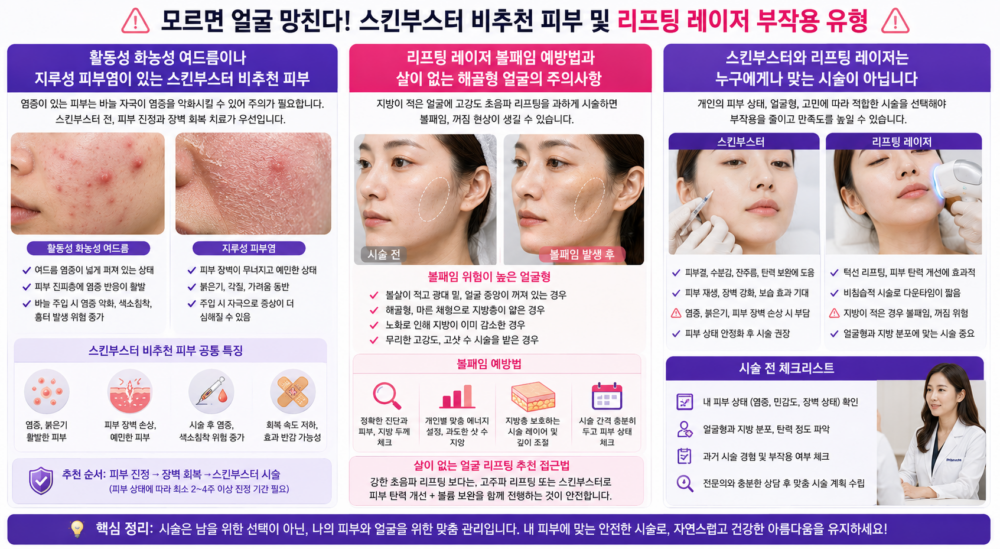 스킨부스터 비추천 피부 유형 및 리프팅 레이저 볼패임 부작용 예방 가이드