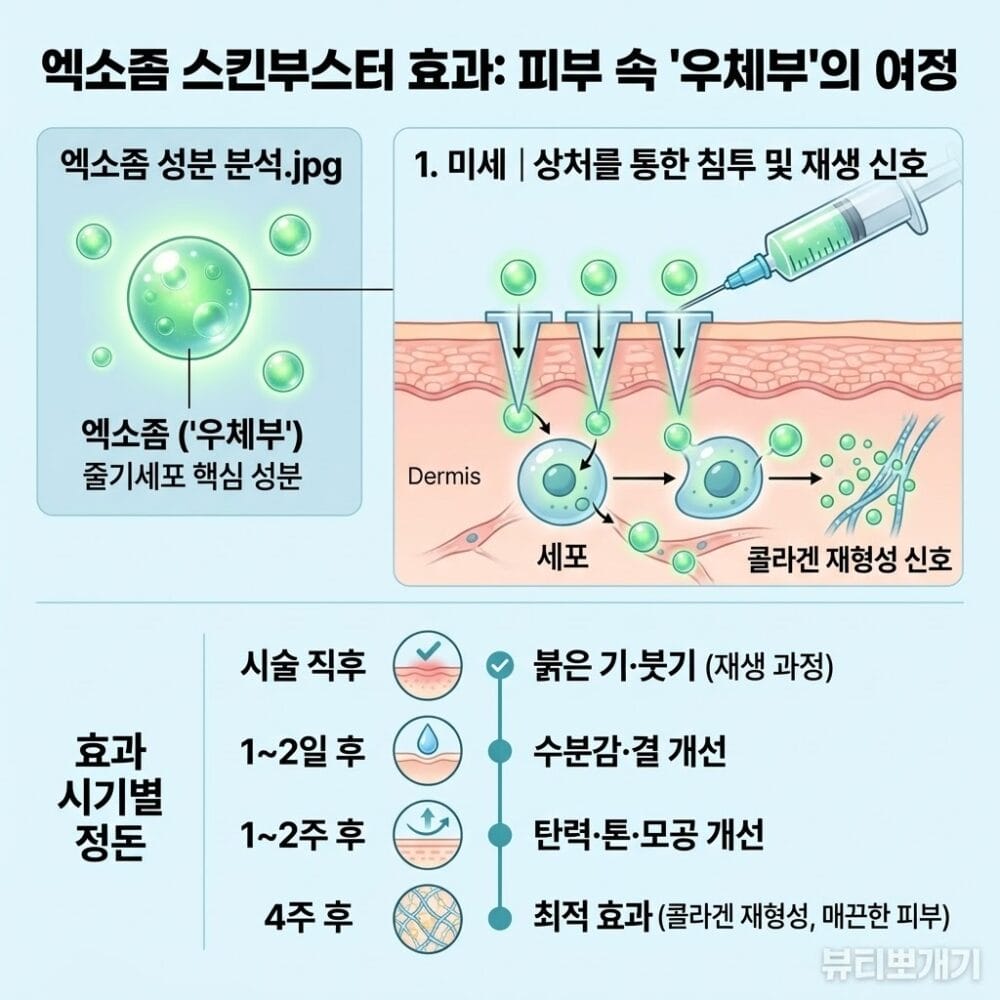 엑소좀 시술 후 관리 효과 이미지, 엑소좀 스킨부스터 미세 바늘 시술 후 생성된 피부 통로를 통해 진피층까지 침투하는 원리와 피부 재생 과정을 설명하는 이미지