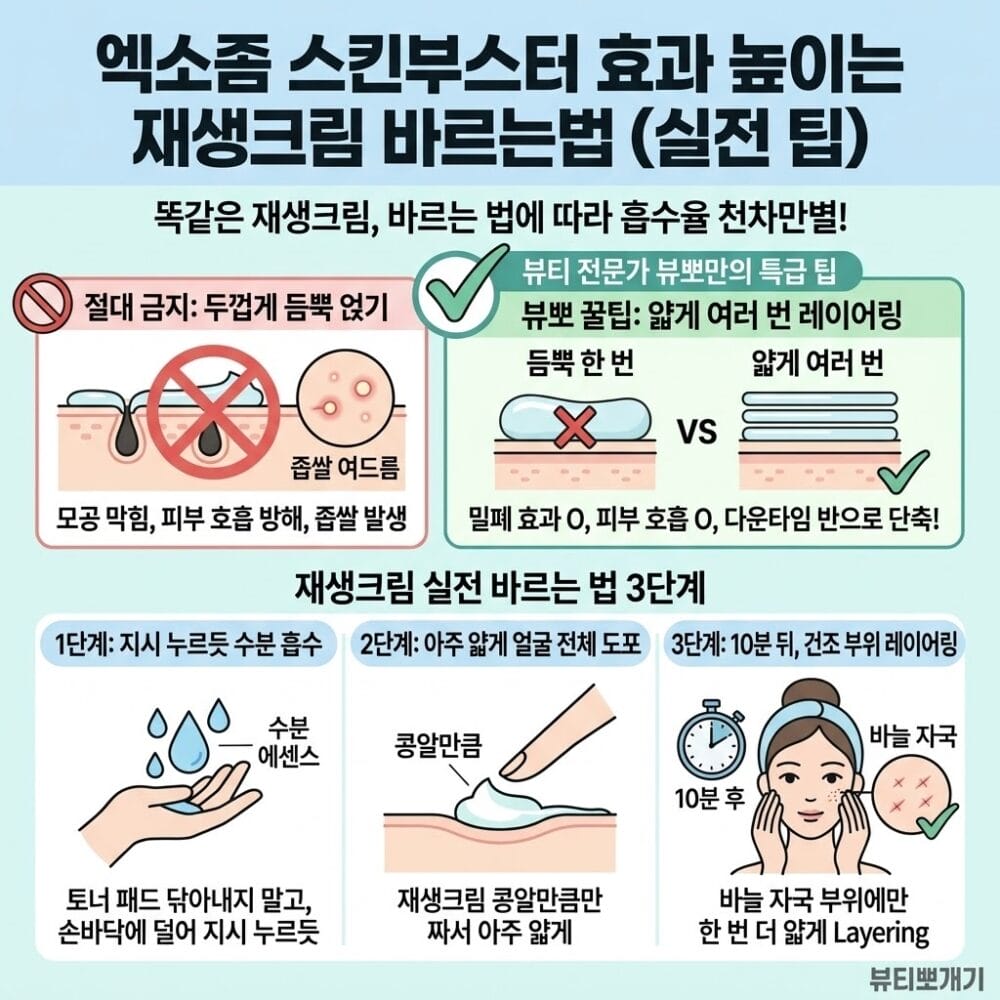 엑소좀 스킨부스터 시술 후 재생크림을 올바르게 바르는 순서와 레이어링 방법을 설명하는 피부 관리 이미지