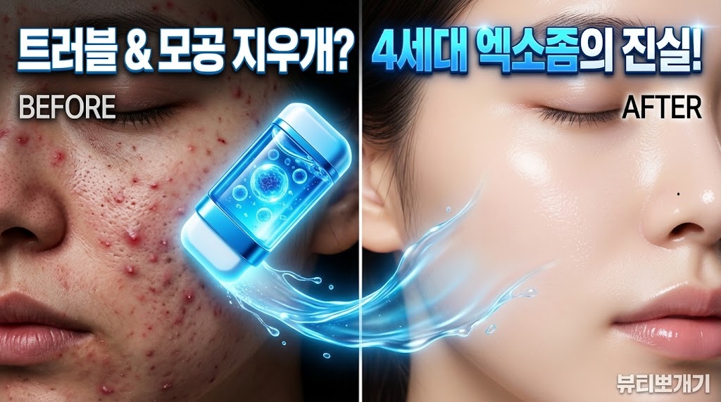 줄기세포 배양액에서 0.1% 추출한 엑소좀 입자들이 세포 간 신호를 전달하며 염증을 멈추고 재생을 명령하는 과정을 설명하는 3D 인포그래픽