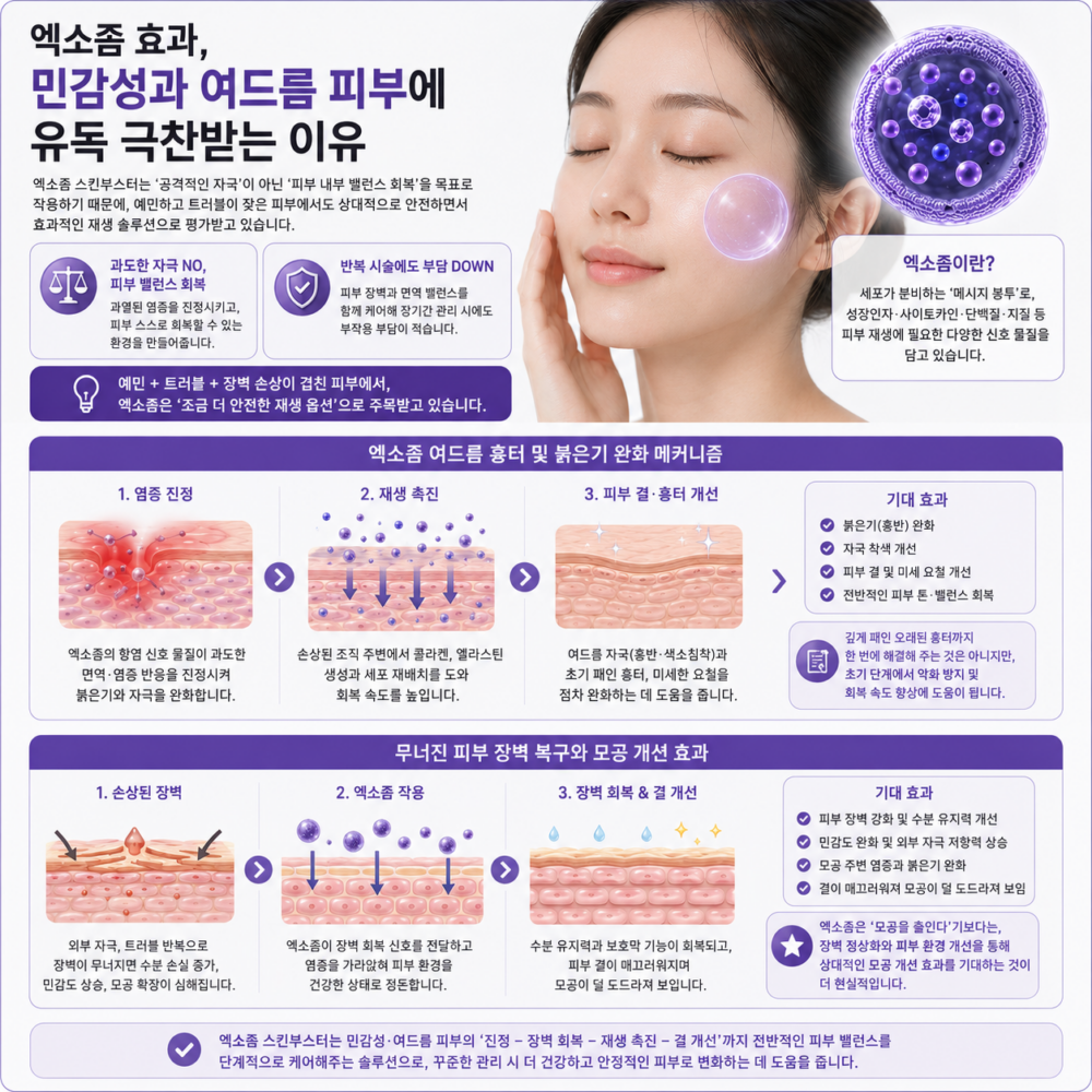 엑소좀 스킨부스터가 민감성·여드름 피부에서 붉은기, 여드름 자국, 피부 장벽 손상, 넓어진 모공을 개선하는 과정을 단계별로 보여주는 인포그래픽으로, 왜 엑소좀이 예민한 트러블 피부에 특히 좋은 평가를 받는지 시각적으로 설명하는 이미지