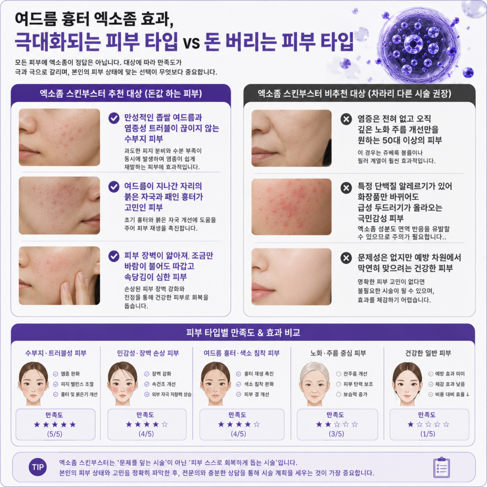 엑소좀 스킨부스터 시술 후 여드름 흉터와 자국이 눈에 띄게 완화된 피부 타입과, 효과가 거의 없어 돈만 쓰게 되는 피부 타입을 비교해서 보여주는 인포그래픽으로, 어떤 여드름 흉터에 엑소좀 효과가 극대화되고 어떤 경우에는 비효율적인지 한눈에 정리한 이미지