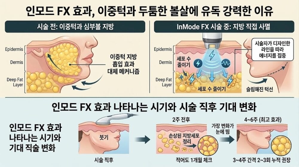 이중턱과 심부볼 지방 흡입 효과를 대체하는 인모드 FX 시술 메커니즘 및 주차별 효과 나타나는 시기 비교 그래프