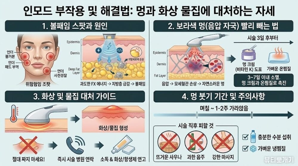 인모드 부작용인 볼패임 발생 스팟, 음압 자국 멍 빨리 빼는 법 및 고주파 화상 물집 대처 주의사항 인포그래픽