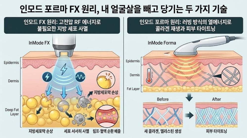 인모드 포르마 FX 차이 작동 메커니즘을 대조하여 고전압 전류를 이용한 피하지방 세포 사멸 방식과 러빙 고주파 열을 이용한 콜라겐 타이트닝 방식의 다름을 증명하는 정밀 설명 이미지