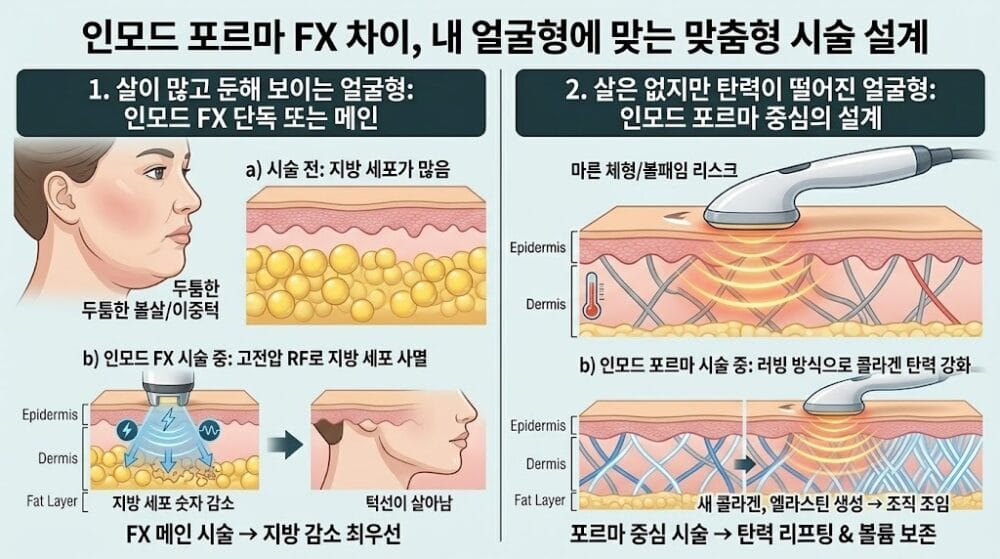 살이 많은 얼굴형과 마르고 탄력이 떨어진 얼굴형에 따른 인모드 포르마 FX 효과 및 포르마 맞춤형 시술 설계 추천 가이드