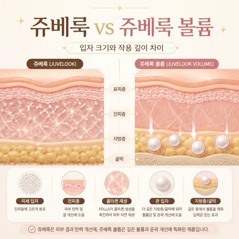 쥬베룩과 쥬베룩 볼륨의 입자 크기 및 주입 깊이 차이를 시각적으로 비교하여 얼굴 볼륨과 잔주름 개선 효과를 보여주는 고품질 뷰티 인포그래픽 이미지