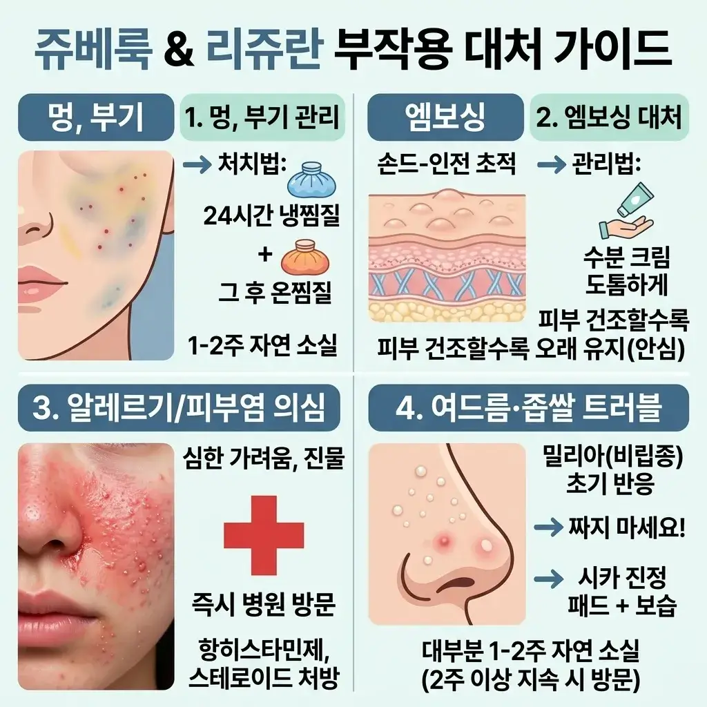 쥬베룩 및 리쥬란 손주사 시술 후 피부에 발생한 엠보싱 부작용과 멍 자국을 대처하기 전과 후의 피부 상태 비교 이미지
