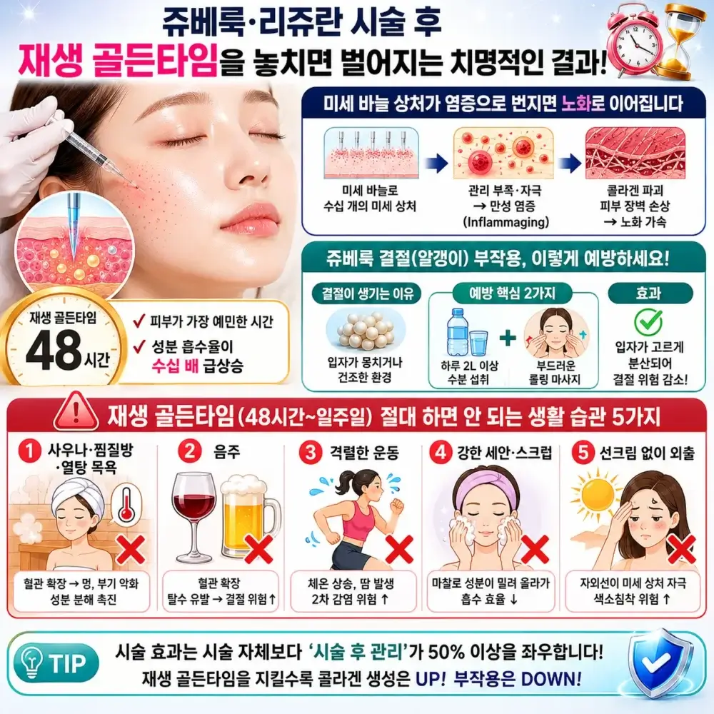 리쥬란 쥬베룩 시술 후 48시간 재생 골든타임 동안 미세 바늘 상처가 만성 염증(Inflammaging)으로 번지는 원리 설명 이미지