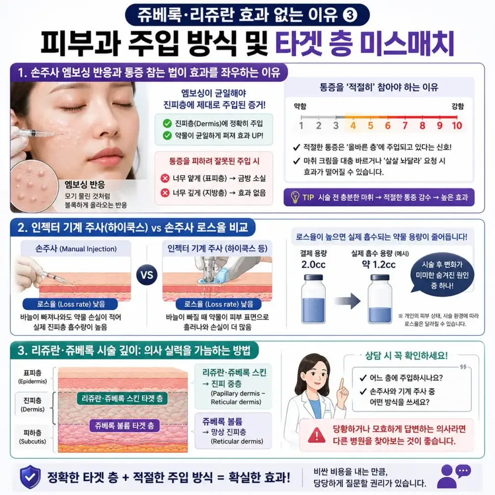 리쥬란 쥬베룩 손주사 후 진피층 정확한 주입 시 나타나는 균일한 엠보싱 반응 설명 이미지