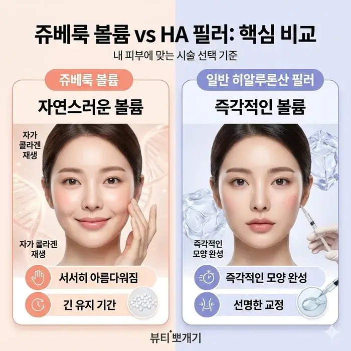 일반 히알루론산 필러의 즉각적인 효과와 쥬베룩 볼륨의 자연스러운 자가 콜라겐 재생 효과의 특징을 직관적으로 비교한 블로그 썸네일 이미지