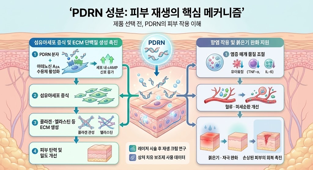 PDRN 성분이 피부 재생과 콜라겐 회복 과정에 작용하는 단계를 설명한 인포그래픽 이미지 입니다. pdrn 앰플 효과 참고용