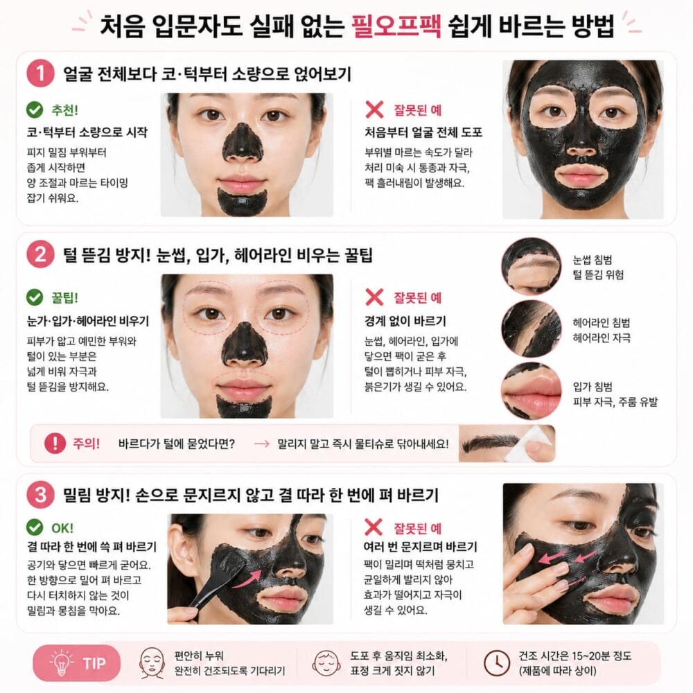 초보자를 위한 필오프팩 바르는 방법과 잘못된 사용 예를 비교한 정사각 인포그래픽 이미지