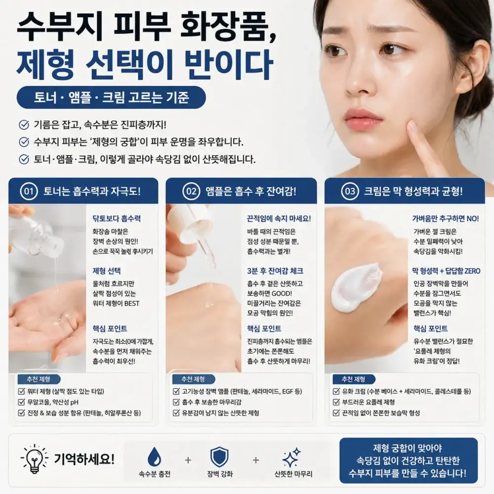 수부지 피부 화장품 선택 기준을 설명하는 스킨케어 인포그래픽. 토너, 앰플, 크림 제형별 선택 방법과 흡수력, 잔여감, 보습막 형성력을 비교하며 수부지 피부에 적합한 스킨케어 루틴을 안내하는 이미지.