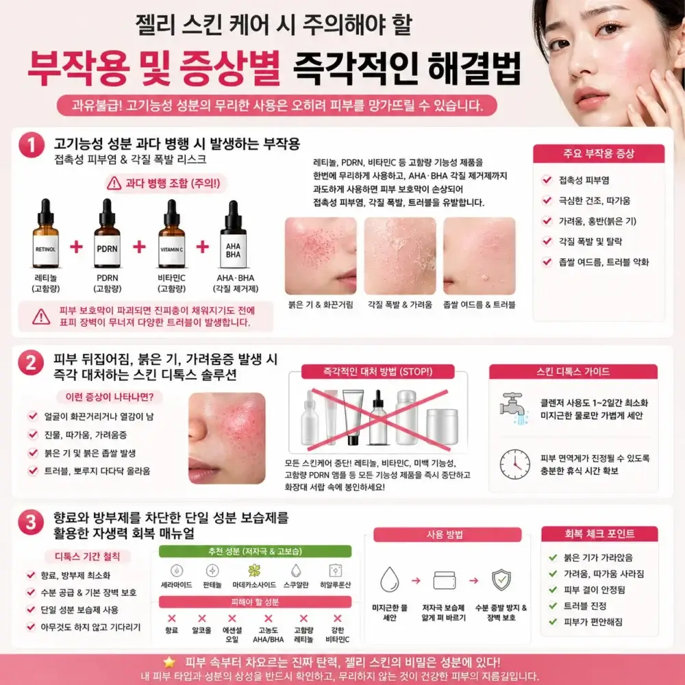 젤리 스킨 케어 부작용 및 해결법 인포그래픽. 레티놀·PDRN·비타민C·AHA/BHA 과다 사용으로 인한 접촉성 피부염, 각질 폭발, 붉은기, 가려움증 증상과 스킨 디톡스 및 저자극 보습제 회복 방법을 정리한 이미지.