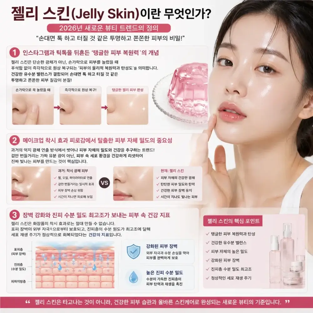 손가락 끝으로 볼을 지그시 눌러 탱글한 푸딩처럼 복원되는 젤리 스킨 속탄력과 수분 밀도를 확인하는 스킨케어 연출 사진