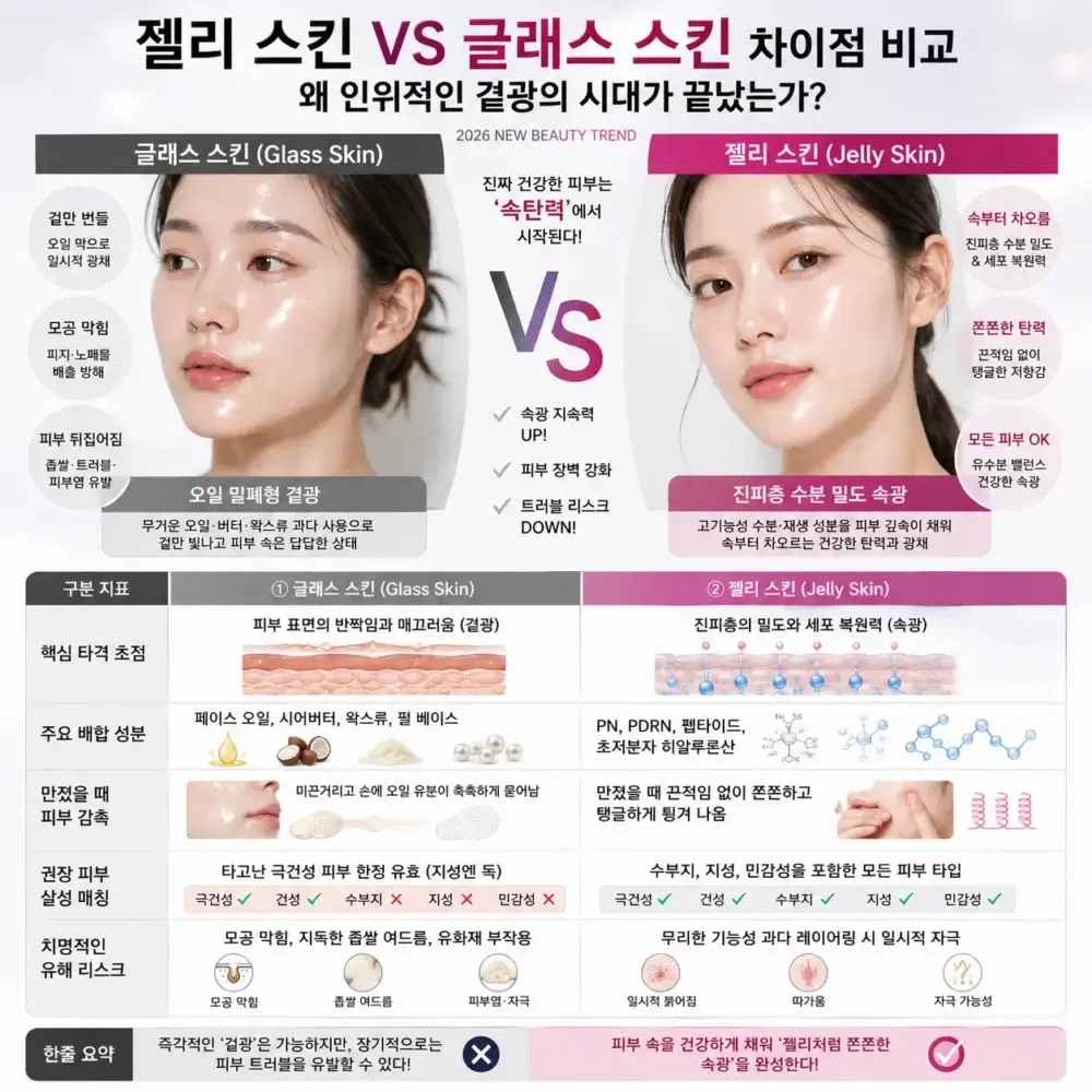 모공을 막는 글래스 스킨의 오일 겉광과 진피층 수분 밀도로 차오르는 젤리 스킨 속탄력의 텍스처 및 성분학적 차이점을 비교한 인포그래픽 대조표