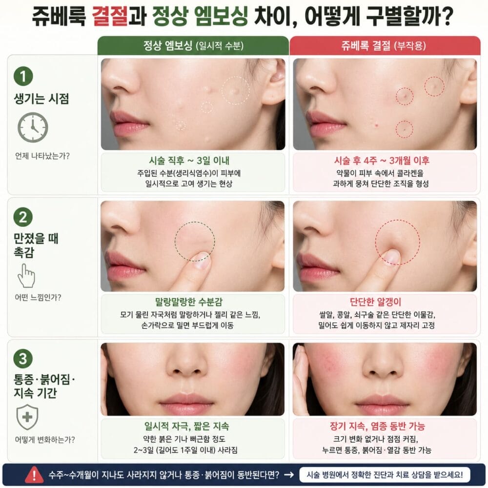 쥬베룩 결절과 정상 엠보싱의 차이를 비교한 정사각형 인포그래픽. 시술 직후 생기는 정상 엠보싱과 수주~수개월 뒤 발생할 수 있는 쥬베룩 결절을 발생 시기, 촉감, 통증 및 붉어짐, 지속 기간으로 비교한다. 실제 피부 사진을 활용해 말랑한 엠보싱과 단단한 결절의 특징을 직관적으로 구분할 수 있도록 구성한 이미지이다.