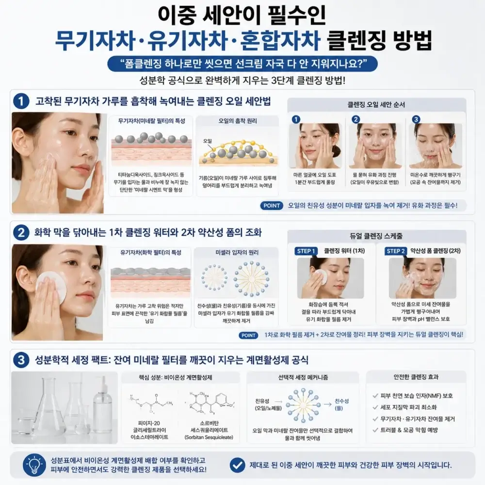 무기자차 유기자차 혼합자차를 효과적으로 제거하는 이중 세안 방법을 단계별로 설명한 튜토리얼 이미지. 클렌징 오일, 클렌징 워터, 약산성 폼클렌저를 활용한 올바른 선크림 클렌징 루틴과 혼합자차 세정 노하우를 소개한다.