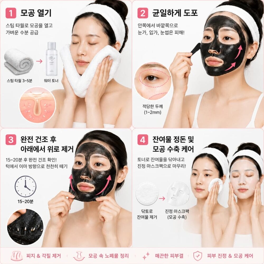 스팀 타월로 모공을 열고 필오프팩을 도포한 뒤 제거와 진정 케어까지 진행하는 올바른 필오프팩 사용법 4단계 안내 이미지
