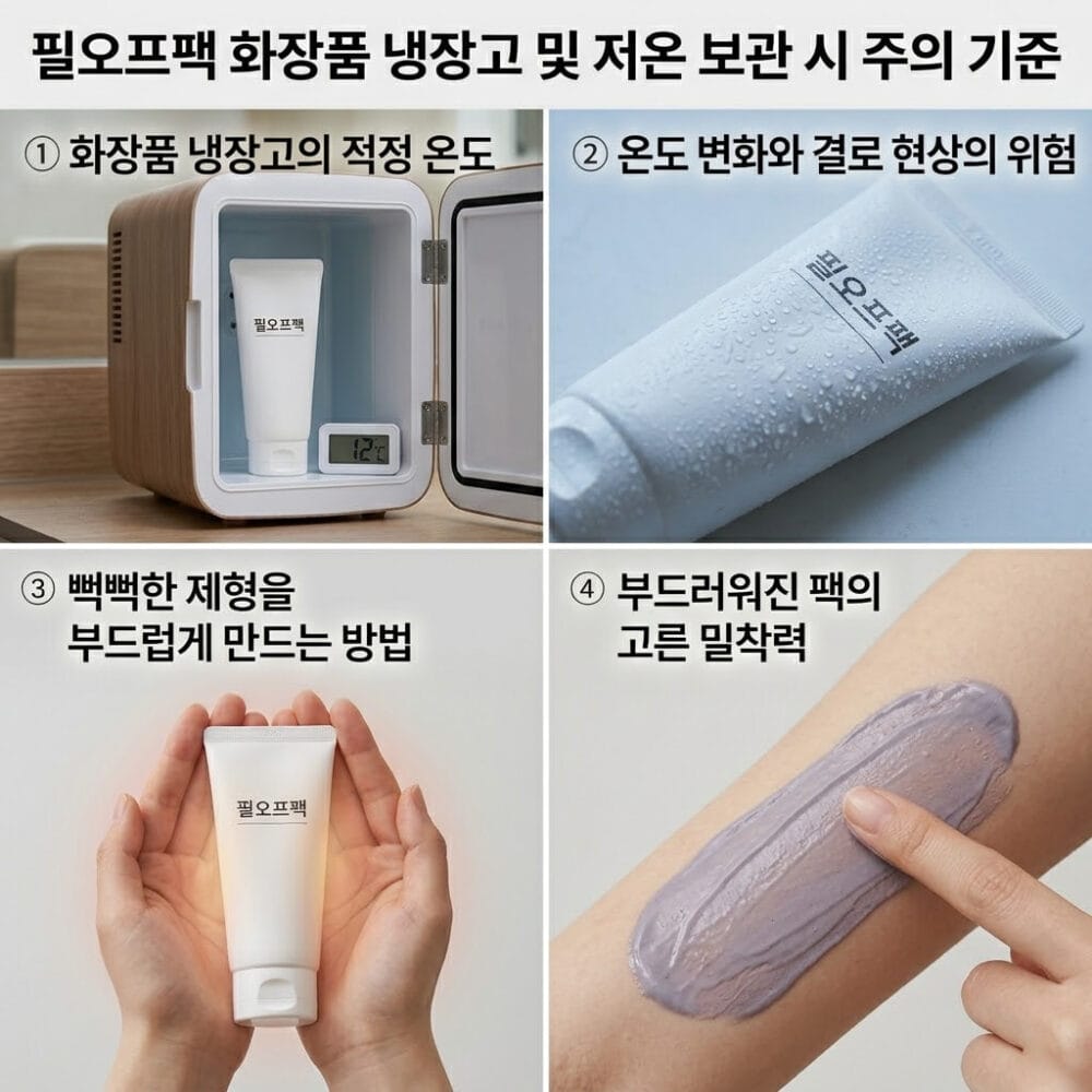 필오프팩의 화장품 냉장고 및 저온 보관 시 주의 기준을 설명하는 3분할 종합 가이드 사진. 화장품 냉장고의 적정 온도 설정, 온도 변화로 인한 결로 현상의 위험, 저온에서 꺼낸 팩을 손바닥 온기로 부드럽게 녹여 바르는 방법을 시각적으로 보여줍니다.