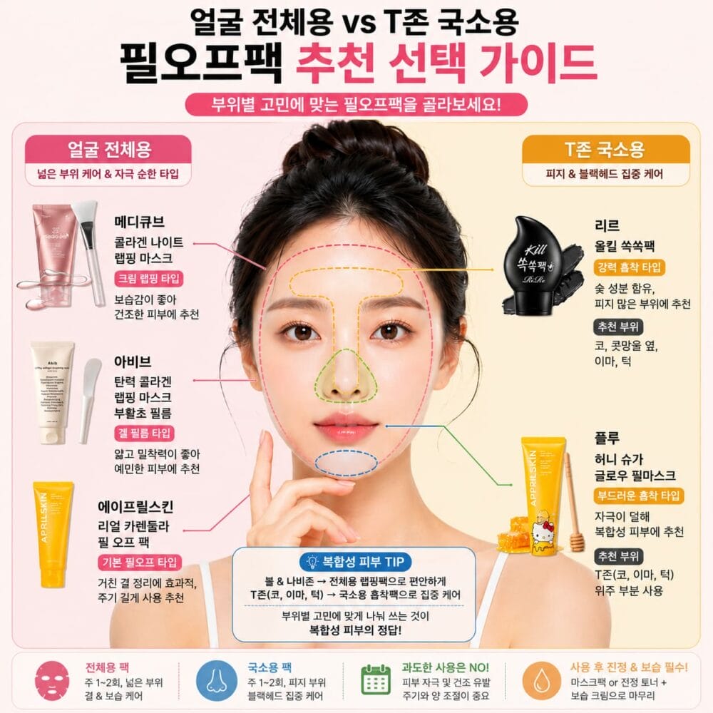 필오프팩 추천 기준으로 얼굴 전체용과 T존 국소용 제품 선택 차이를 정리한 이미지
