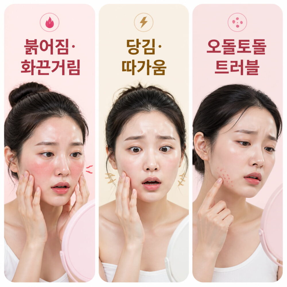 필오프팩 부작용 초기 피부 반응을 보여주는 이미지로, 붉어짐과 화끈거림, 피부 당김과 따가움, 오돌토돌한 트러블 반응을 시각적으로 정리한 콘텐츠