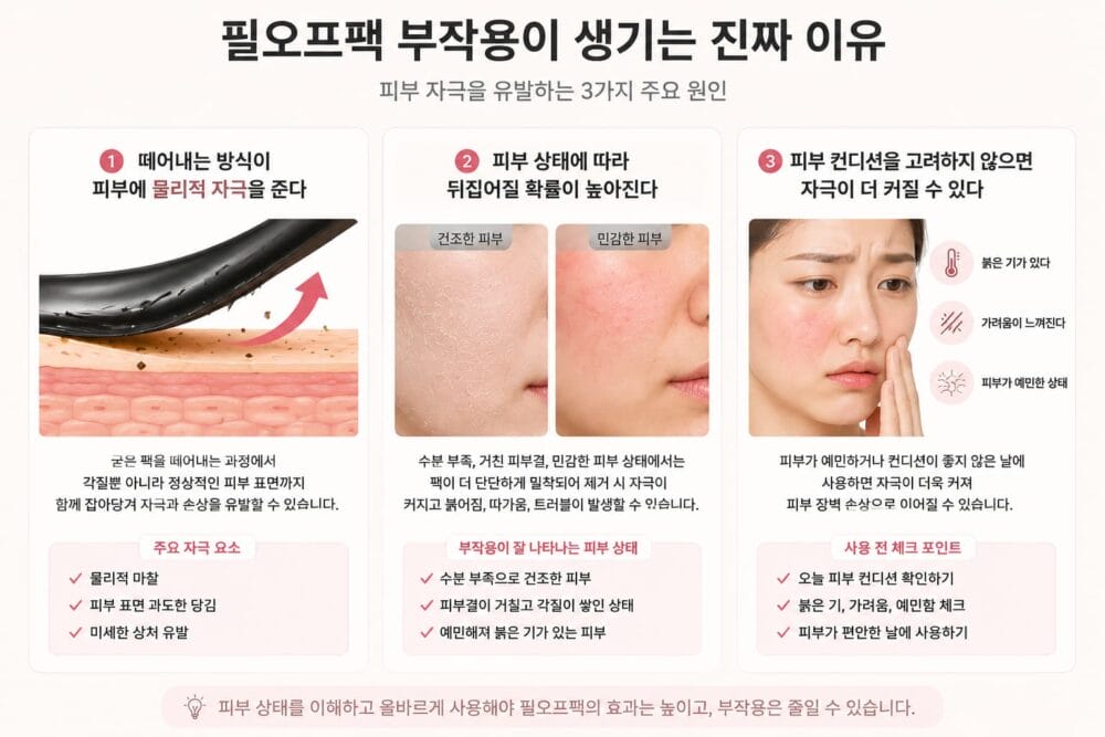 필오프팩 부작용이 생기는 원인을 설명하는 인포그래픽 이미지. 물리적 자극, 건조하고 예민한 피부 상태, 사용 전 피부 컨디션 확인의 중요성을 3가지 항목으로 비교하여 보여준다.
