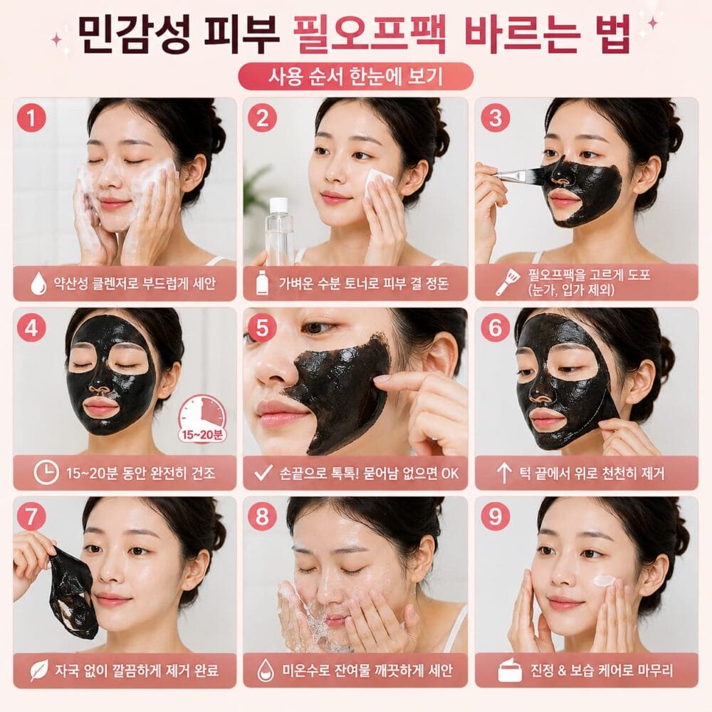 민감성 피부를 위한 필오프팩 사용 순서를 단계별로 설명하는 인포그래픽. 세안, 수분 토너, 필오프팩 도포, 건조, 제거, 보습까지 9단계 과정을 한국 여성 모델이 시연하고 있다.
