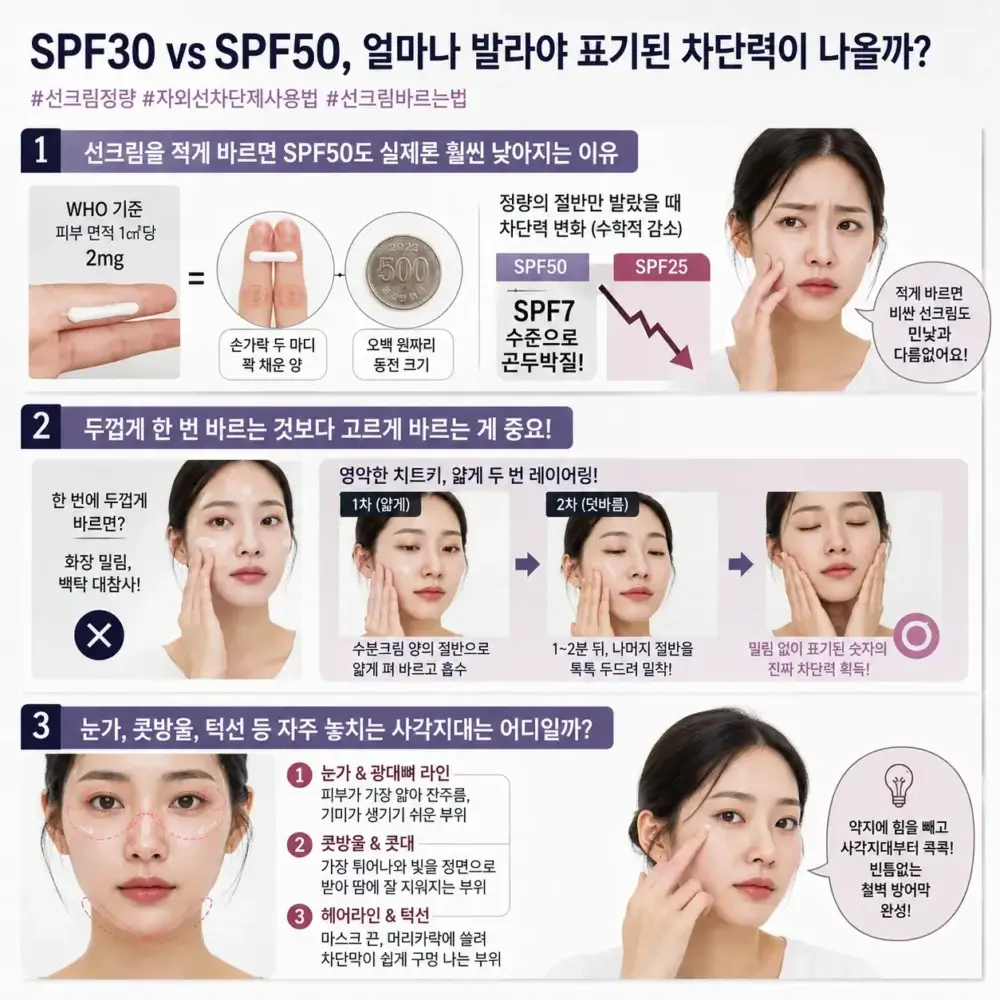 SPF30과 SPF50 선크림 차단력 차이와 적정 사용량을 설명하는 인포그래픽. 한국인 여성 모델이 선크림을 바르는 모습과 정량 도포법, 2회 레이어링 방법, 눈가·콧방울·턱선 등 자주 놓치는 부위를 안내하고 있다.